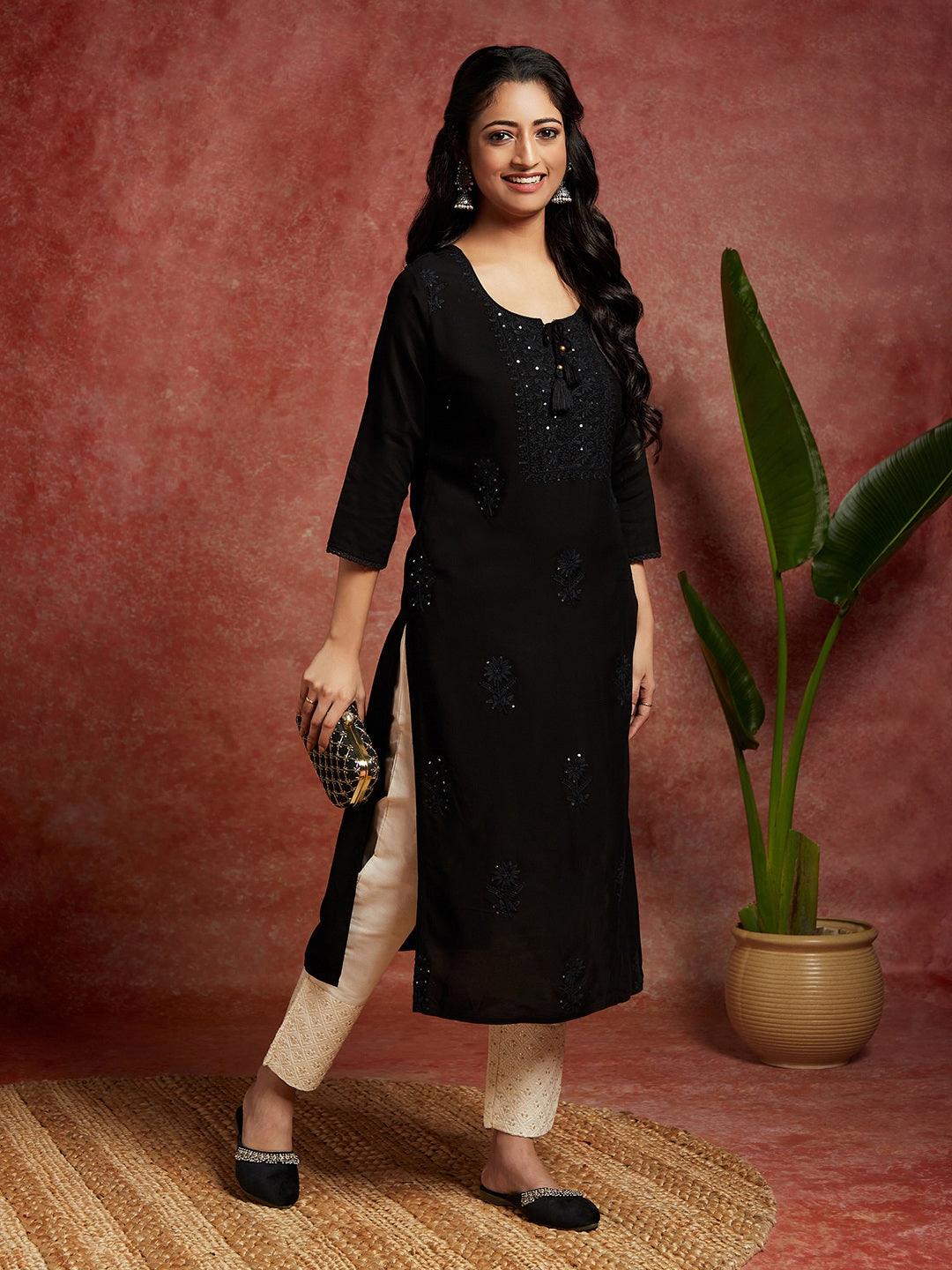 Black Embroidered Rayon Straight Kurta - ShopLibas