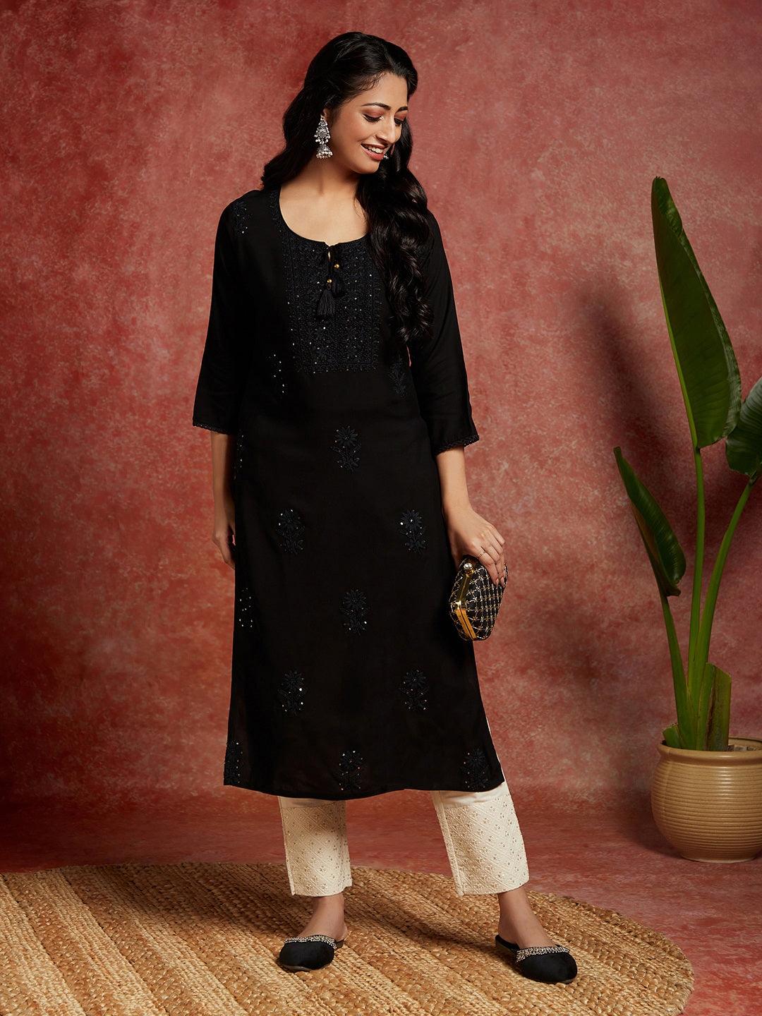 Black Embroidered Rayon Straight Kurta - ShopLibas