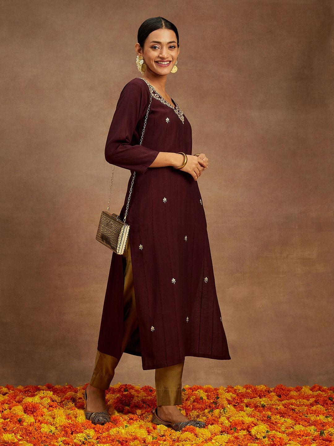 Wine Embroidered Silk Straight Kurta - ShopLibas