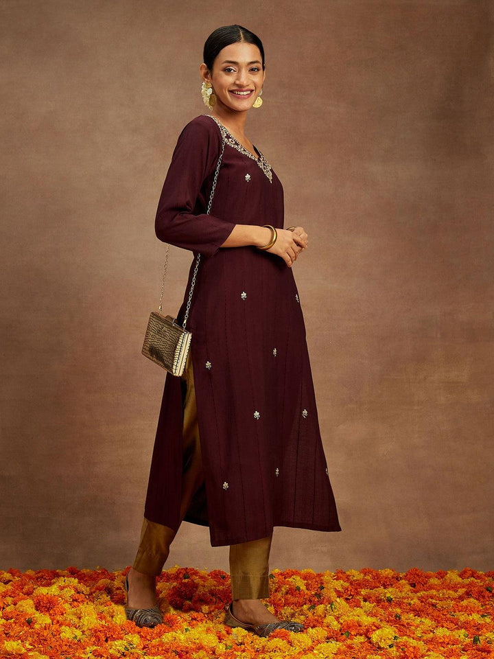 Wine Embroidered Silk Straight Kurta