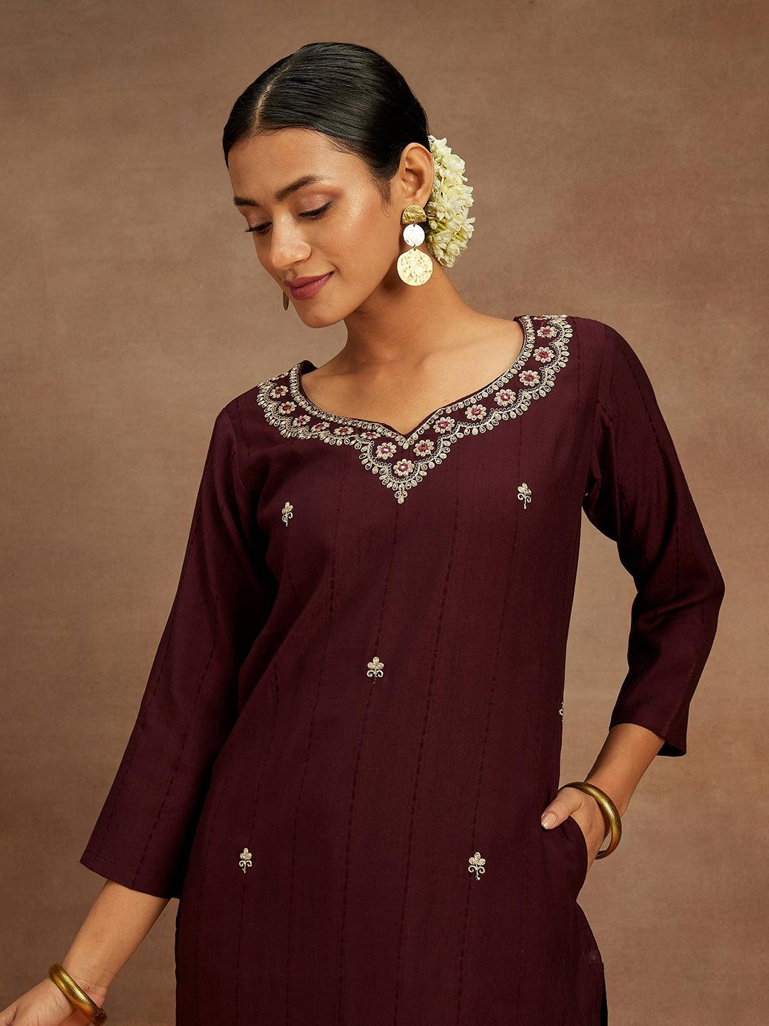 Wine Embroidered Silk Straight Kurta - ShopLibas 