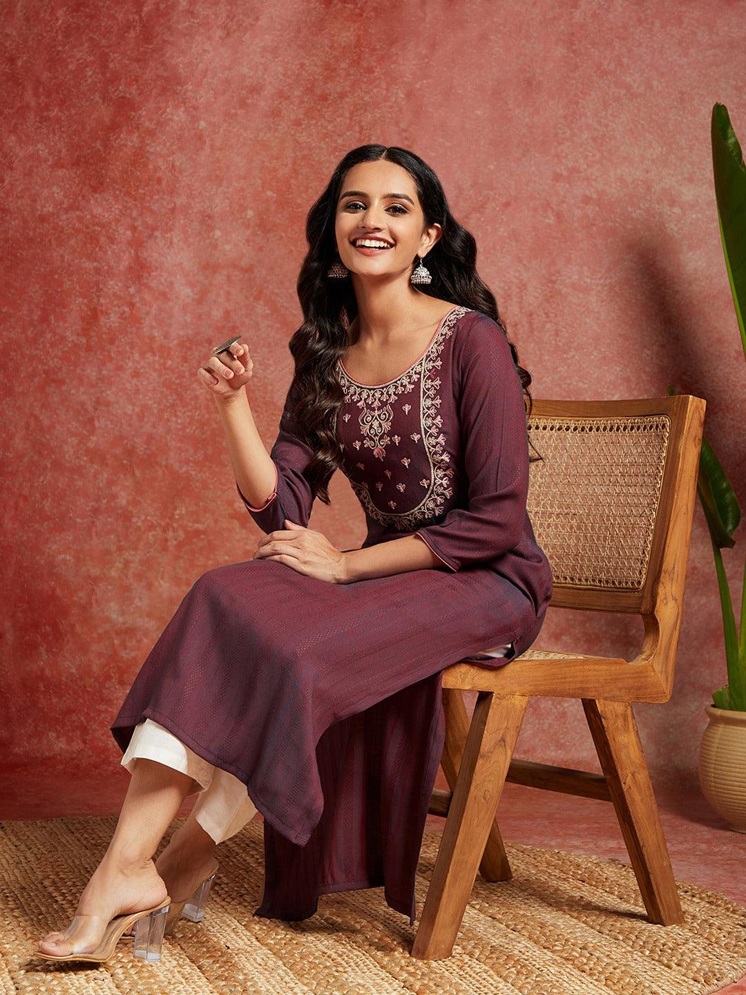 Wine Yoke Design Rayon Straight Kurta - ShopLibas