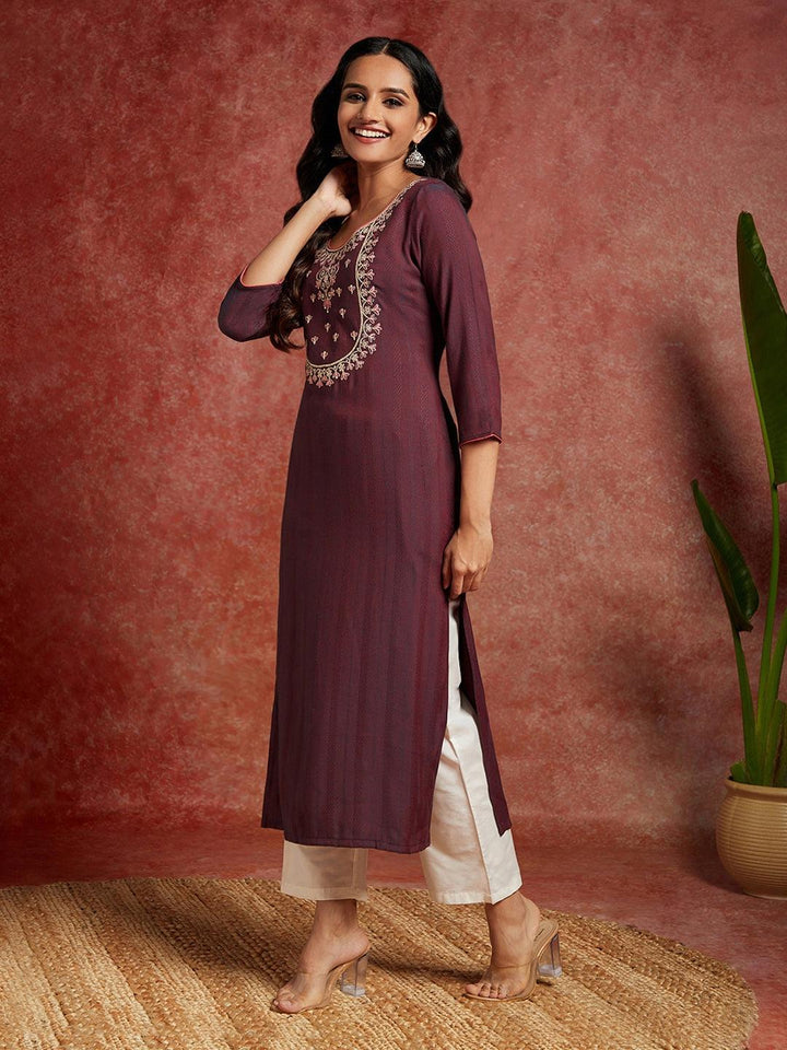 Wine Yoke Design Rayon Straight Kurta - ShopLibas