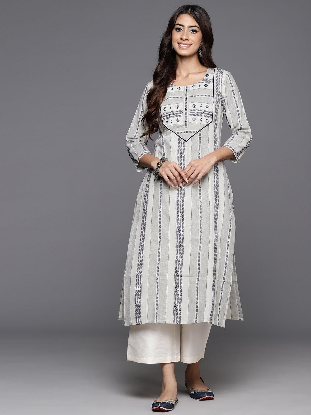 Grey Striped Cotton Straight Kurta - ShopLibas 