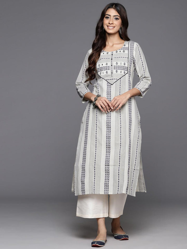 Grey Striped Cotton Straight Kurta