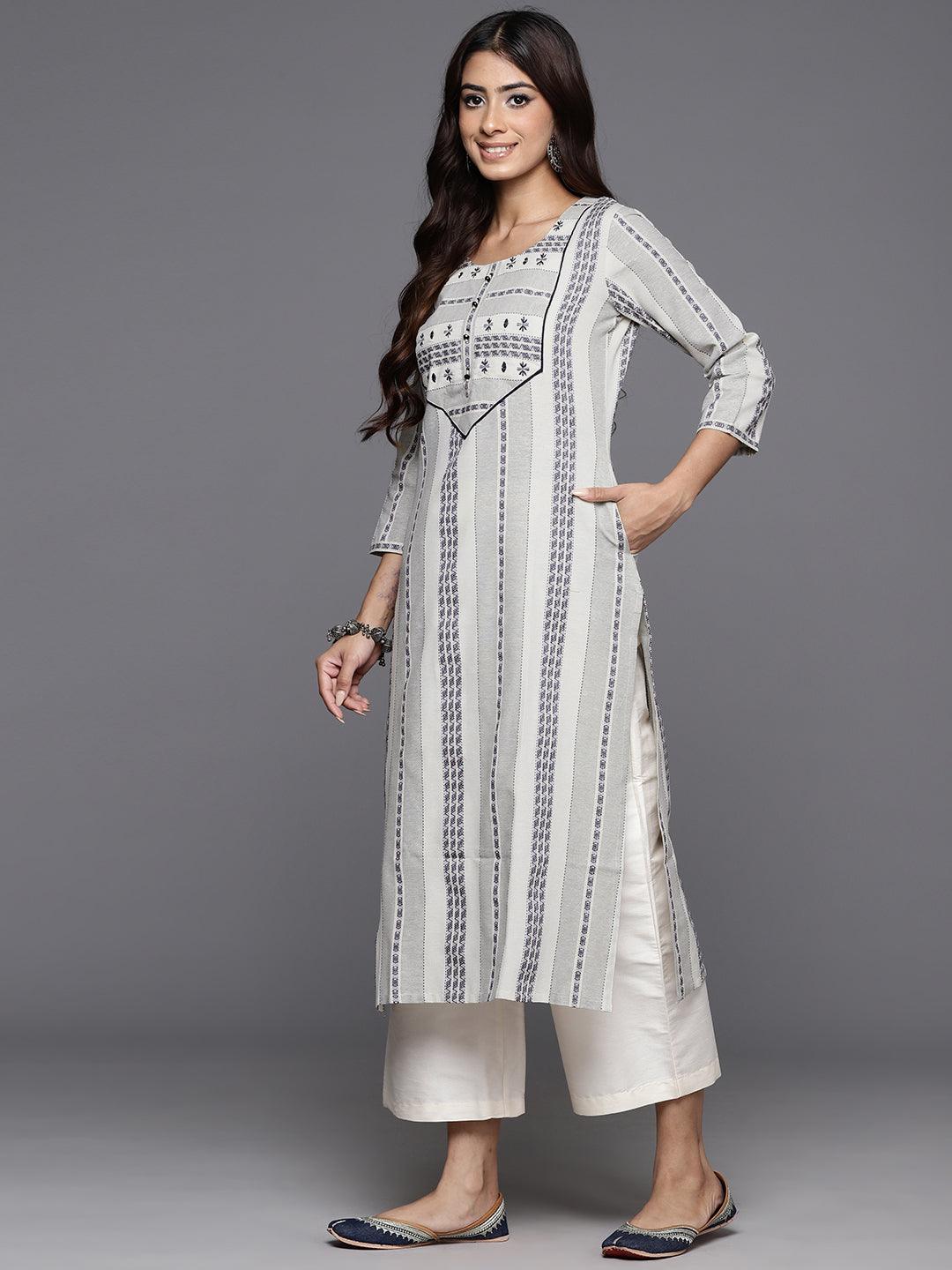 Grey Striped Cotton Straight Kurta - ShopLibas 