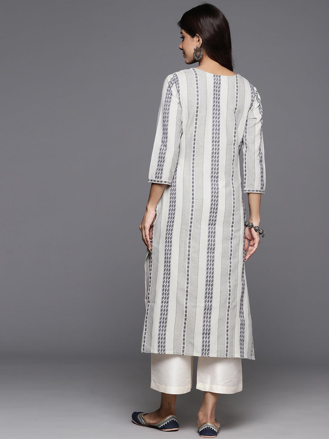 Grey Striped Cotton Straight Kurta - ShopLibas 