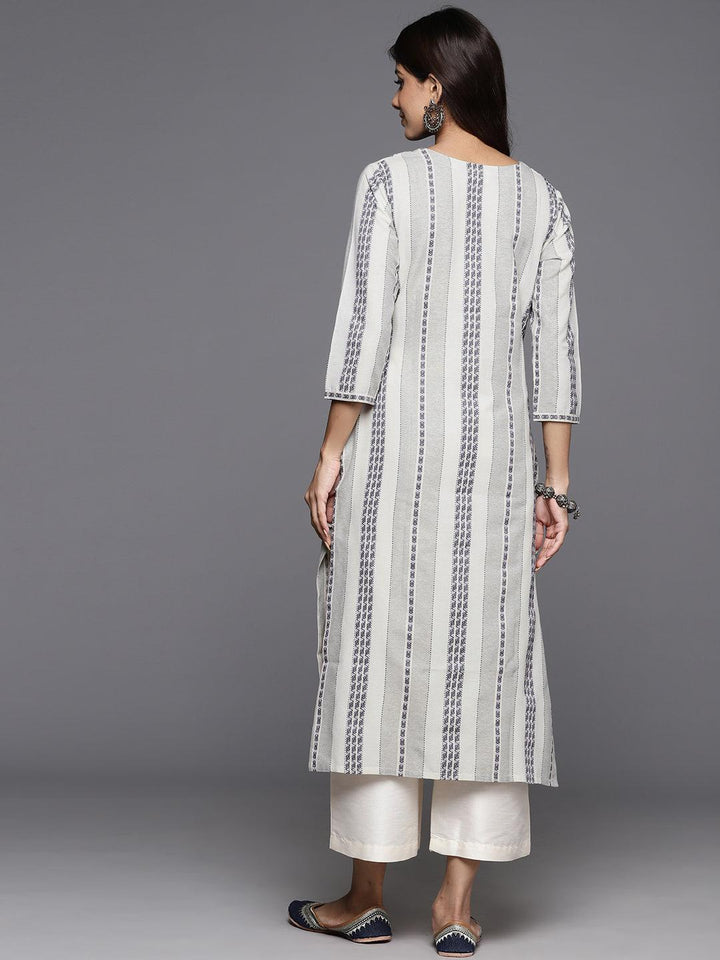 Grey Striped Cotton Straight Kurta