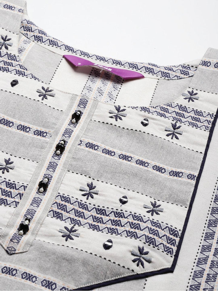 Grey Striped Cotton Straight Kurta