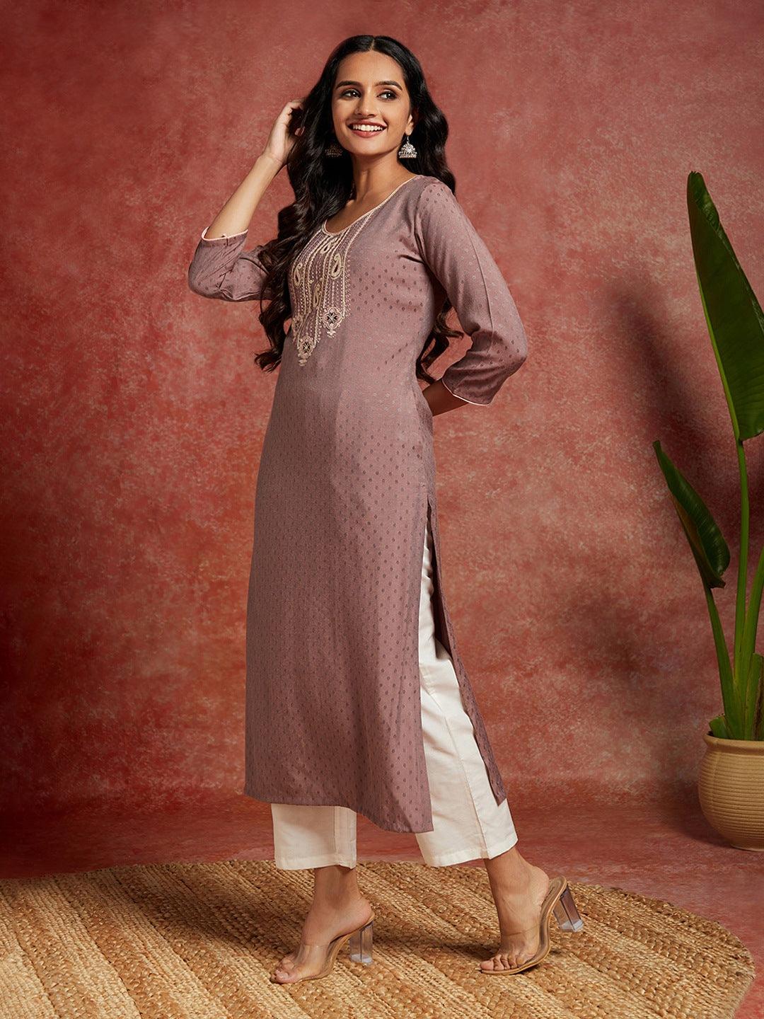 Mauve Woven Design Rayon Straight Kurta - ShopLibas 