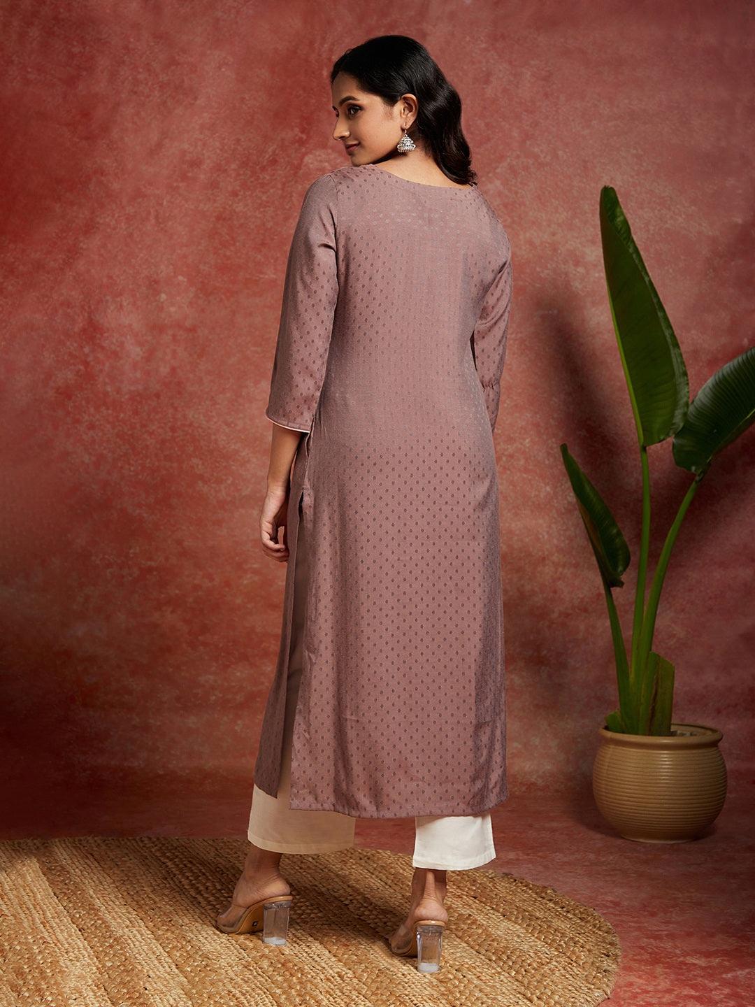 Mauve Woven Design Rayon Straight Kurta - ShopLibas 
