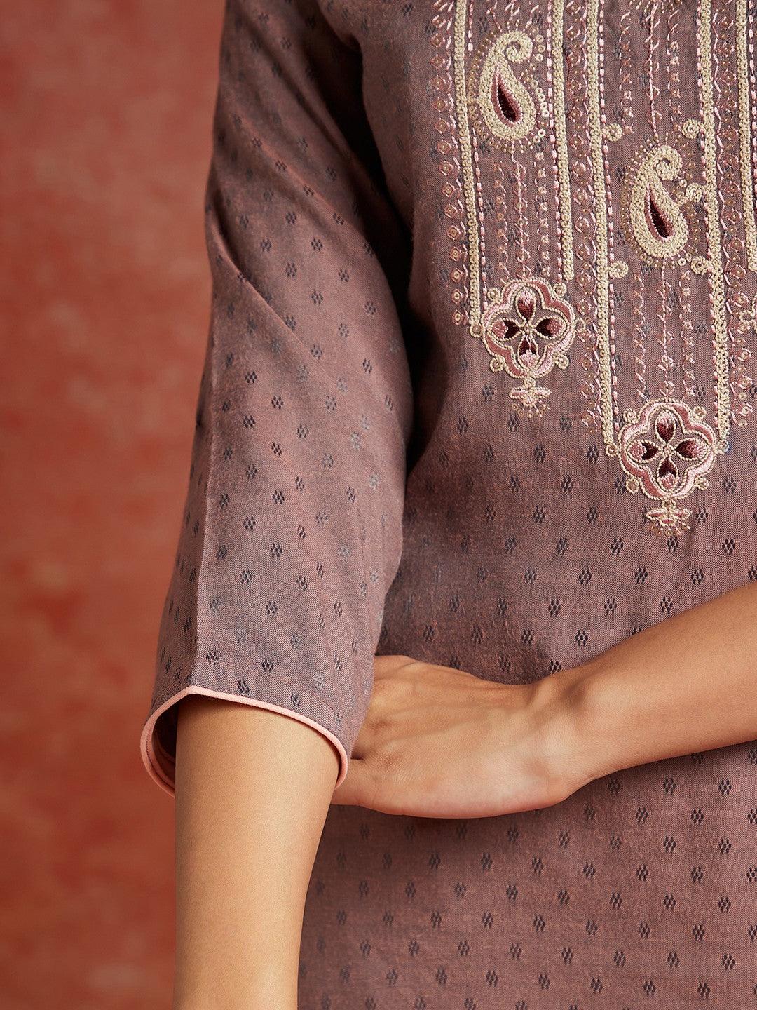 Mauve Woven Design Rayon Straight Kurta - ShopLibas 