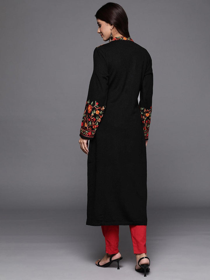 Black Embroidered Wool Straight Kurta - ShopLibas