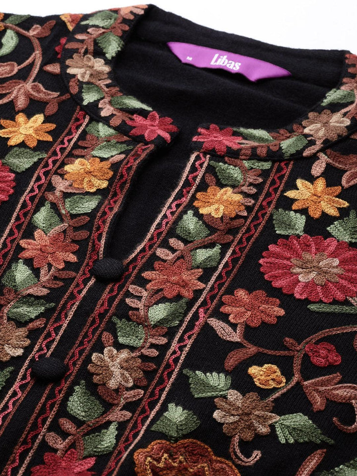 Black Embroidered Wool Straight Kurta - ShopLibas