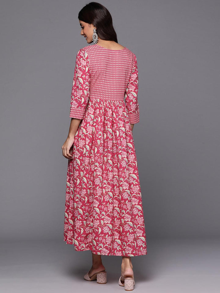 Pink Printed Cotton Fit and Flared Dress - ShopLibas