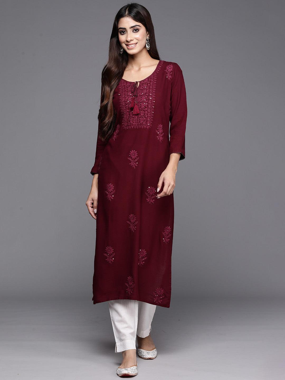 Wine Embroidered Rayon Straight Kurta - ShopLibas 