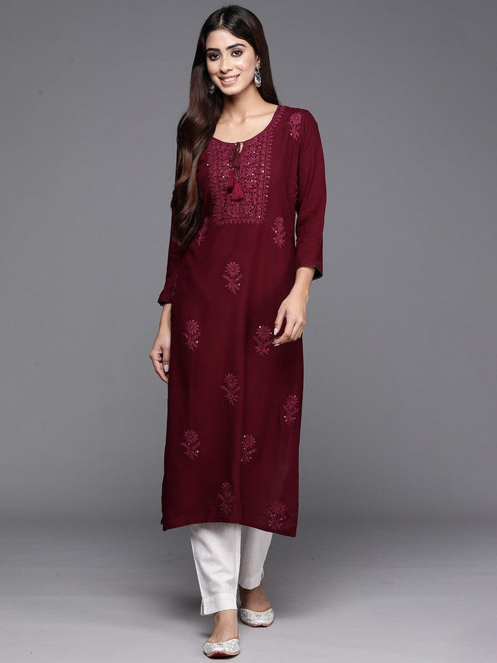 Wine Embroidered Rayon Straight Kurta