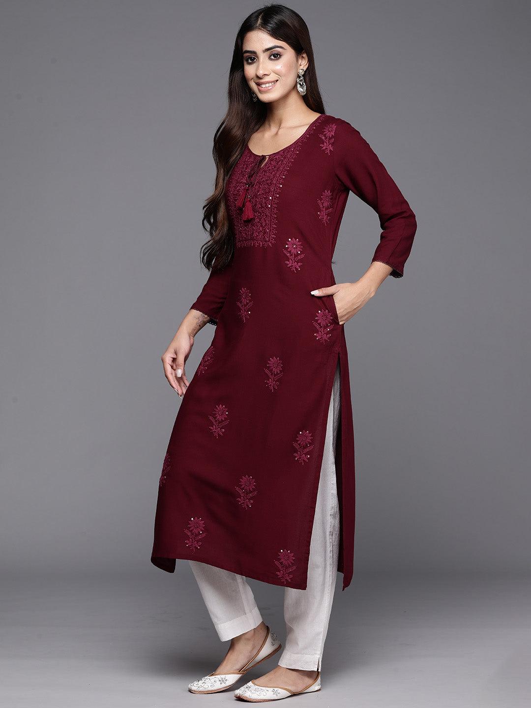 Wine Embroidered Rayon Straight Kurta - ShopLibas 
