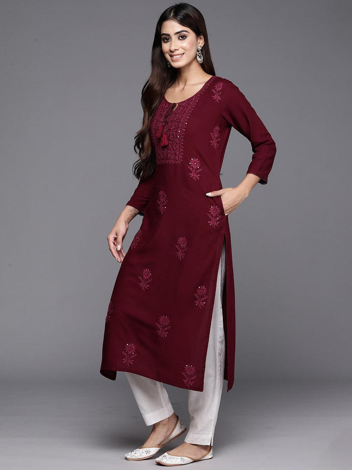 Wine Embroidered Rayon Straight Kurta