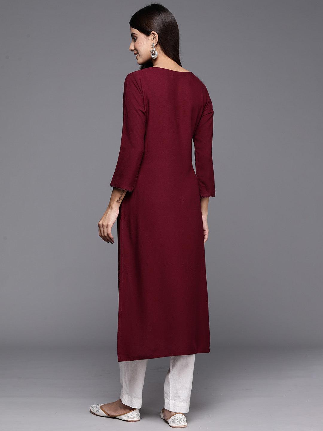 Wine Embroidered Rayon Straight Kurta - ShopLibas 