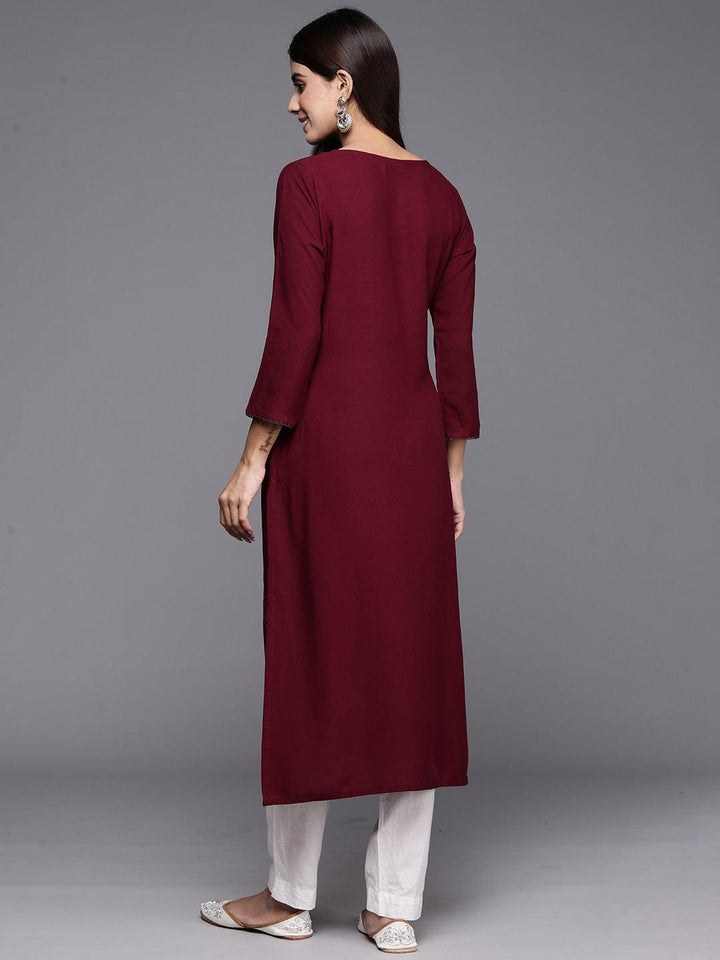 Wine Embroidered Rayon Straight Kurta