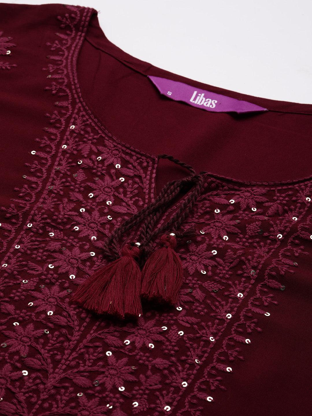 Wine Embroidered Rayon Straight Kurta - ShopLibas 