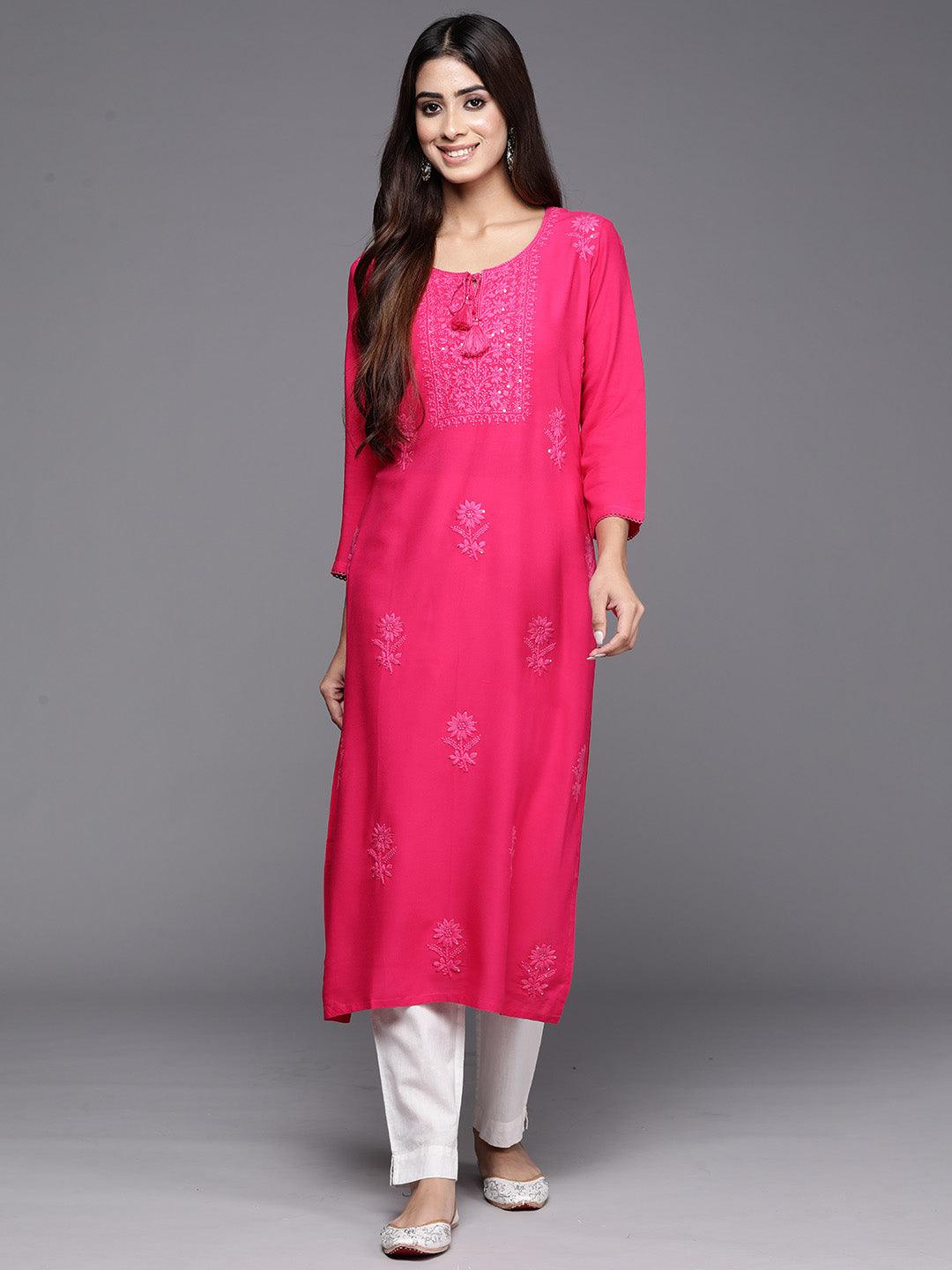 Pink Embroidered Rayon Straight Kurta - ShopLibas 