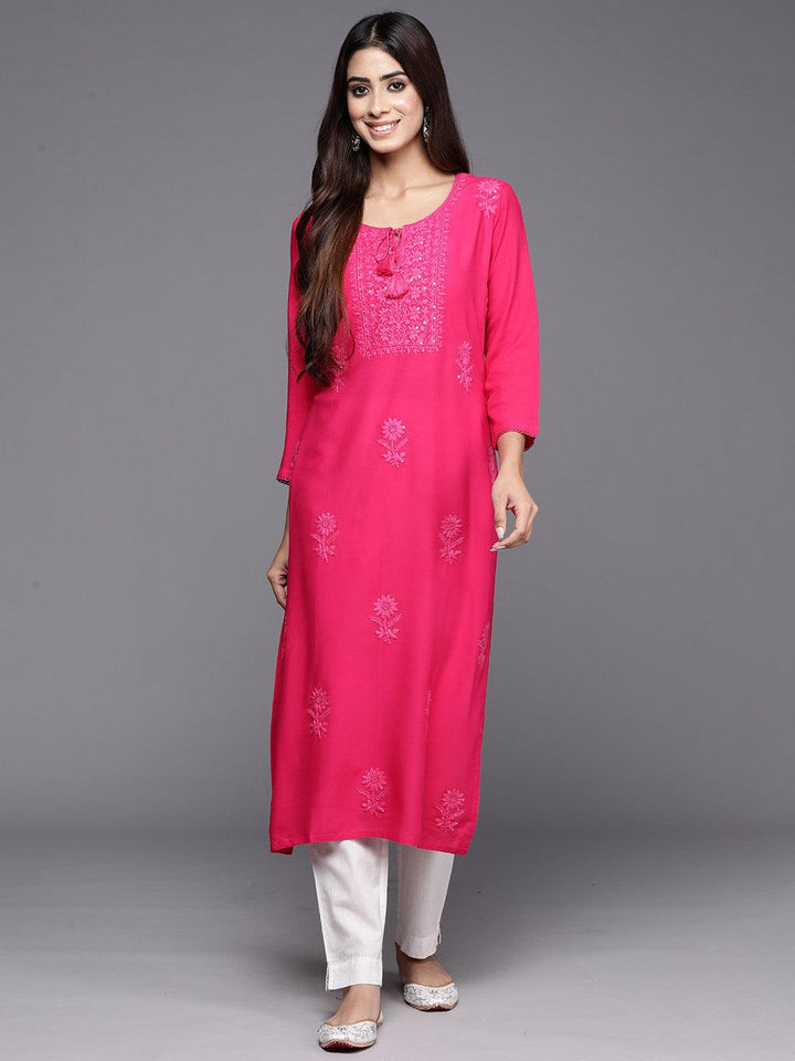 Pink Embroidered Rayon Straight Kurta