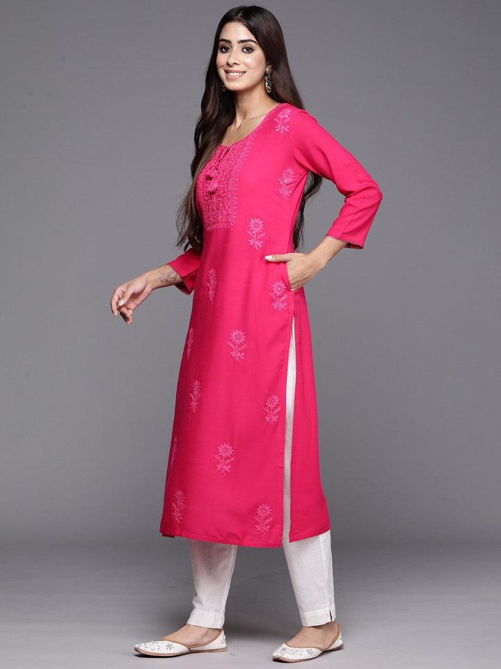 Pink Embroidered Rayon Straight Kurta