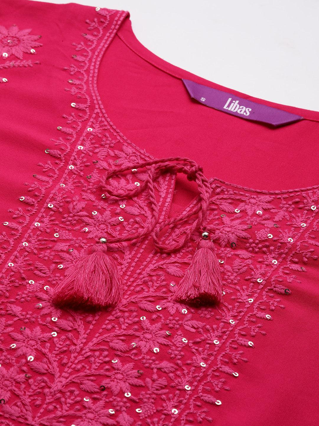 Pink Embroidered Rayon Straight Kurta - ShopLibas 