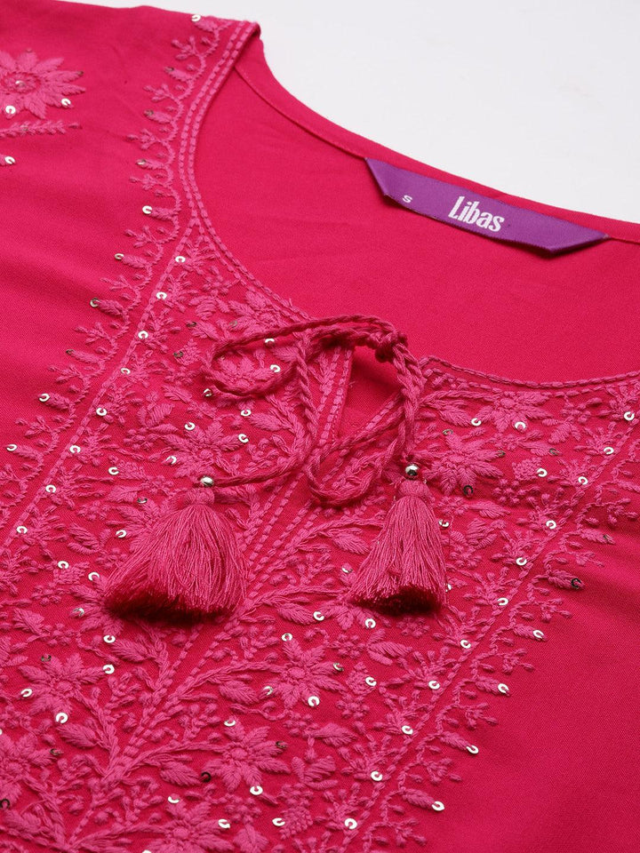 Pink Embroidered Rayon Straight Kurta