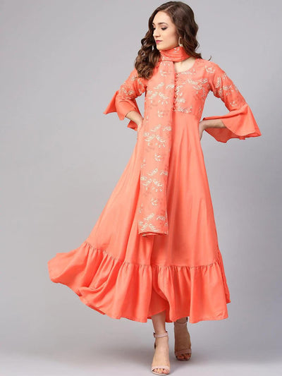 Orange Printed Silk Dress with Stole - ShopLibas