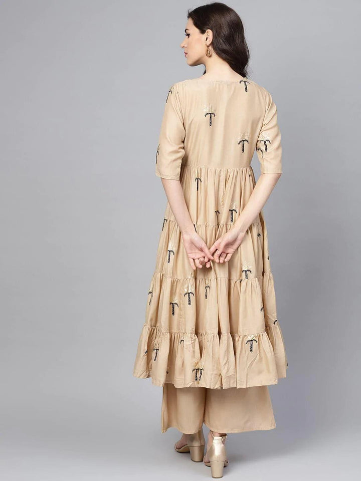 Beige Printed Polyester Kurta Set With Jacket