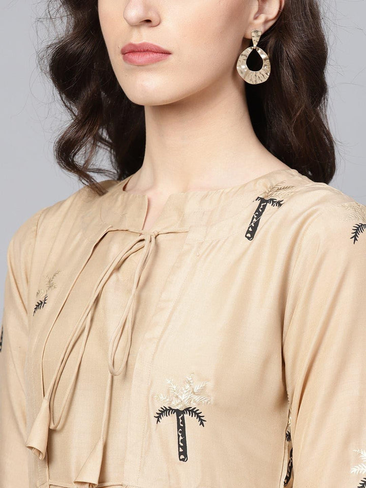 Beige Printed Polyester Kurta Set With Jacket