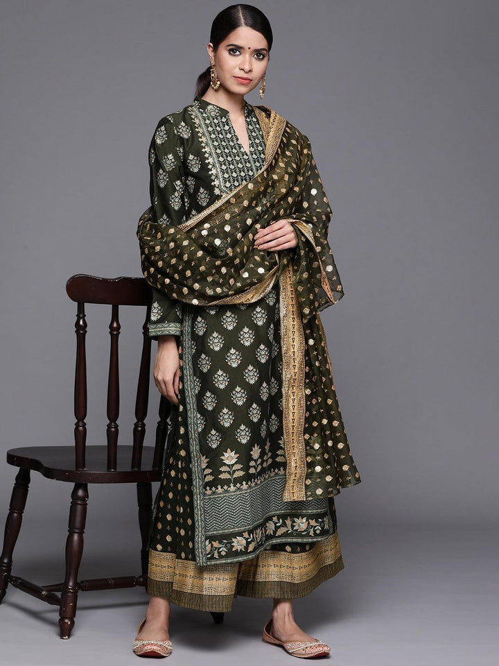 Green Printed Silk Blend Suit Set - ShopLibas