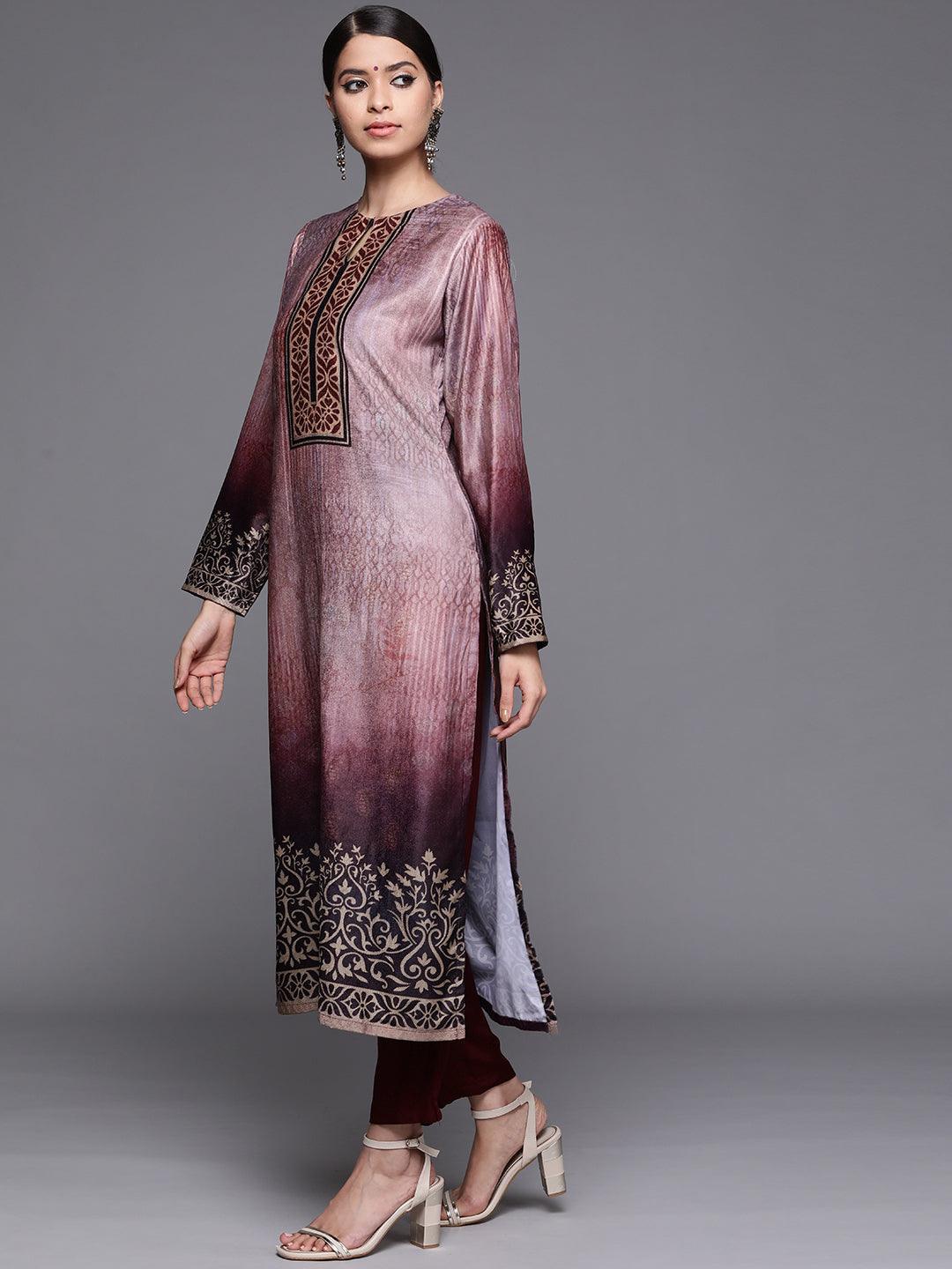 Mauve Printed Velvet Suit Set - ShopLibas 