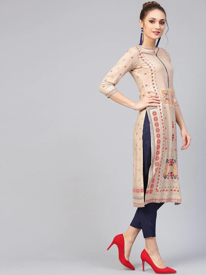 Beige Printed Rayon Kurta Set