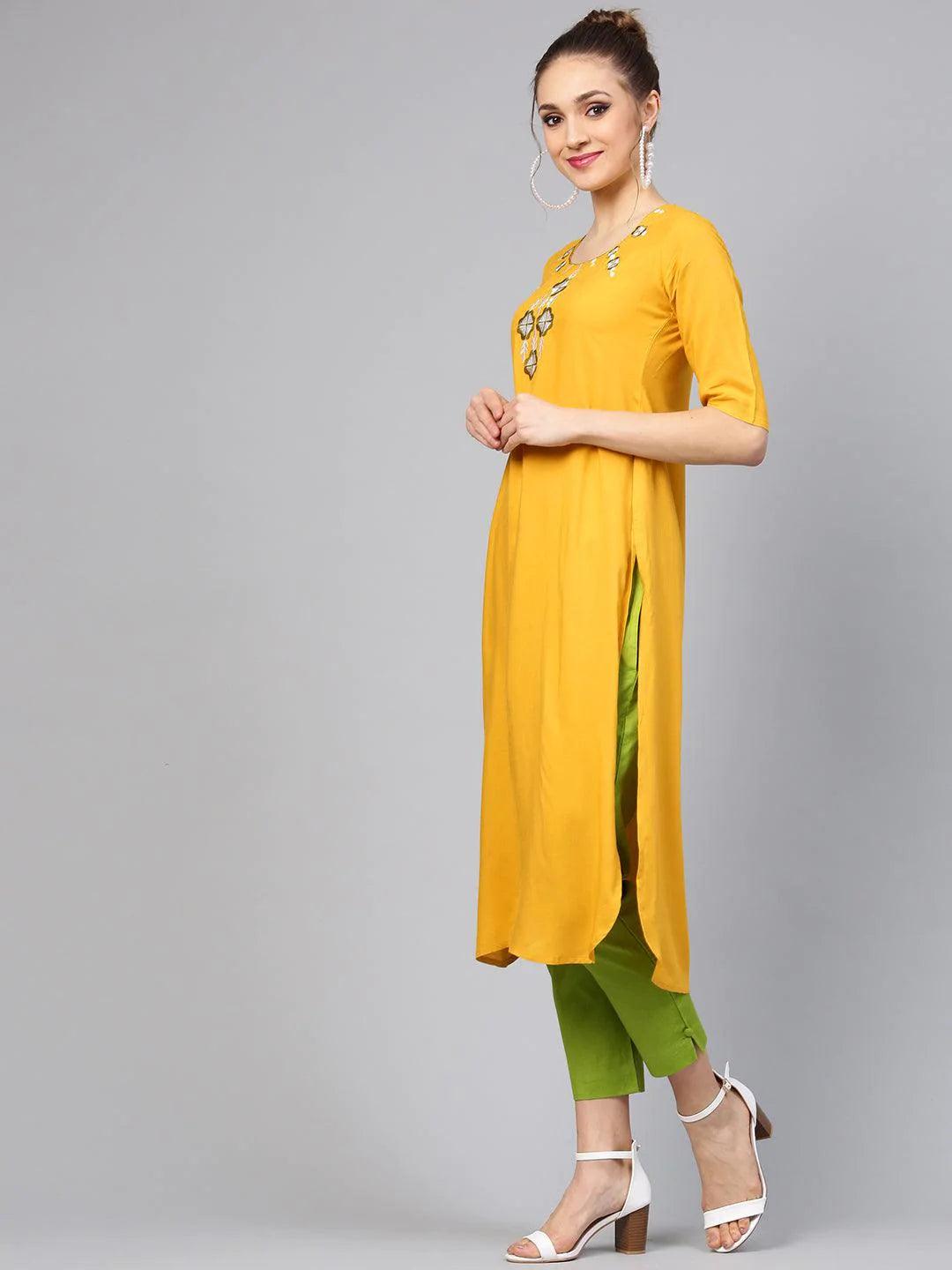 Yellow Embroidered Rayon Kurta Set - ShopLibas 