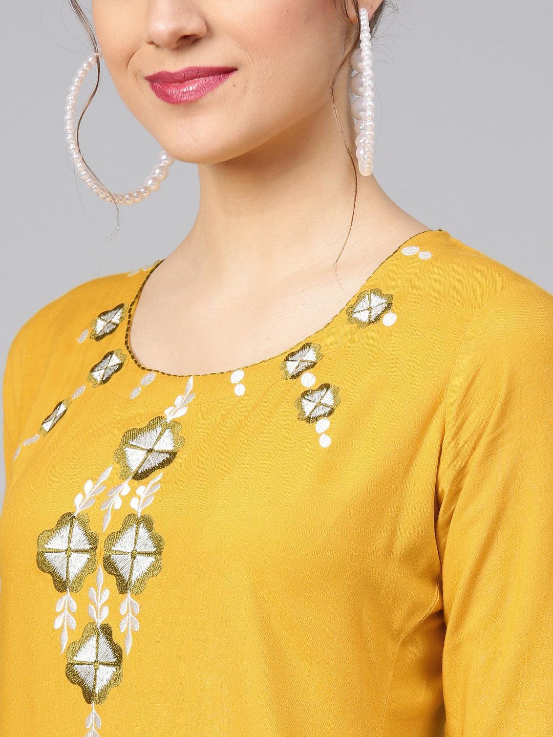 Yellow Embroidered Rayon Kurta Set - ShopLibas 