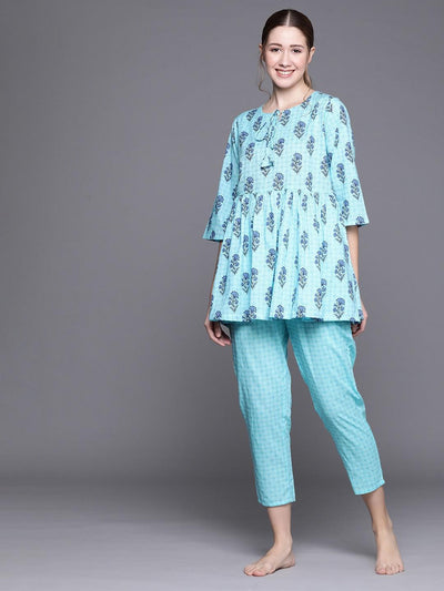 Blue Printed Cotton Night Suit - ShopLibas
