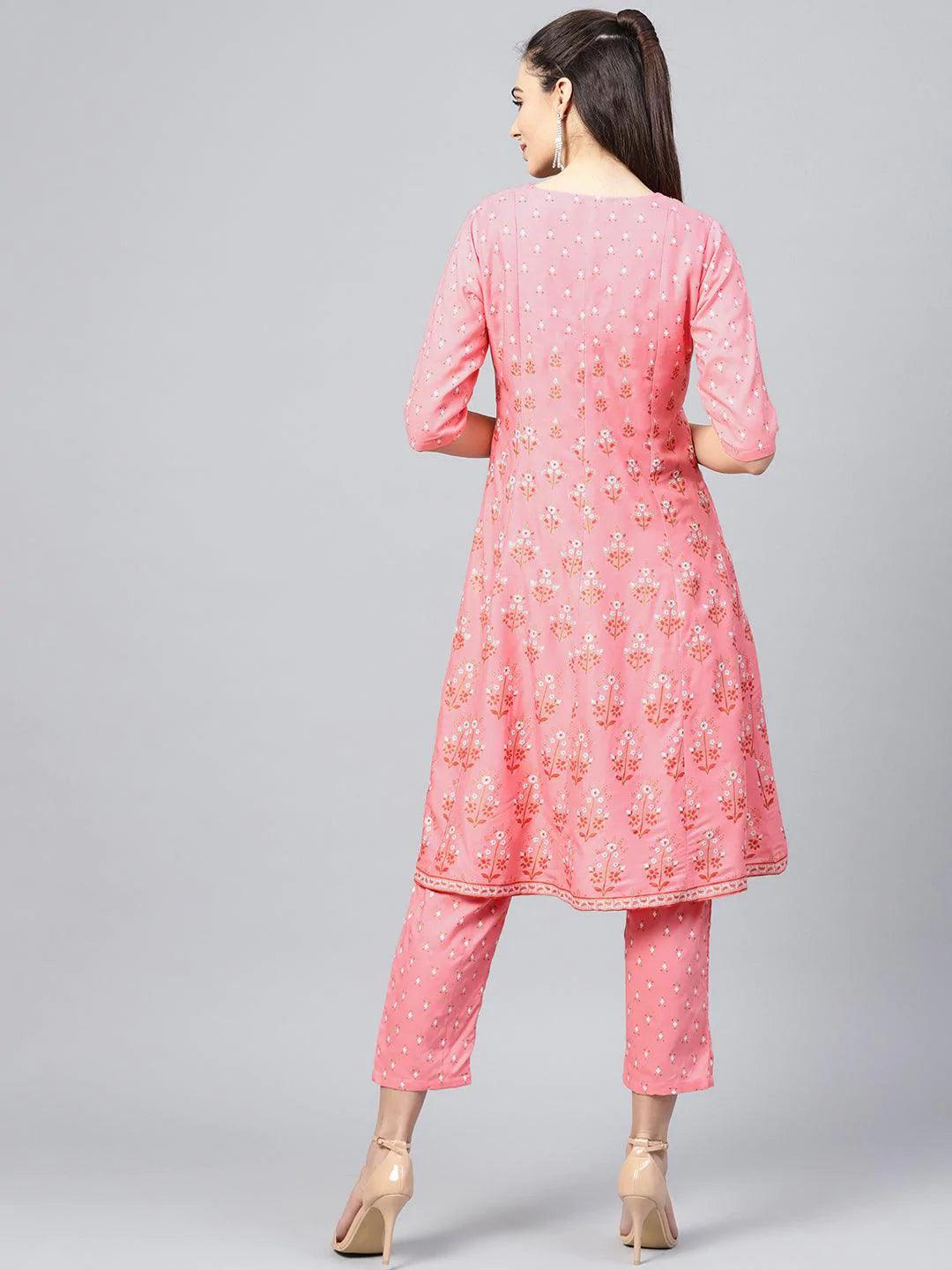 Pink Printed Cotton Kurta Set With Jacket - ShopLibas 