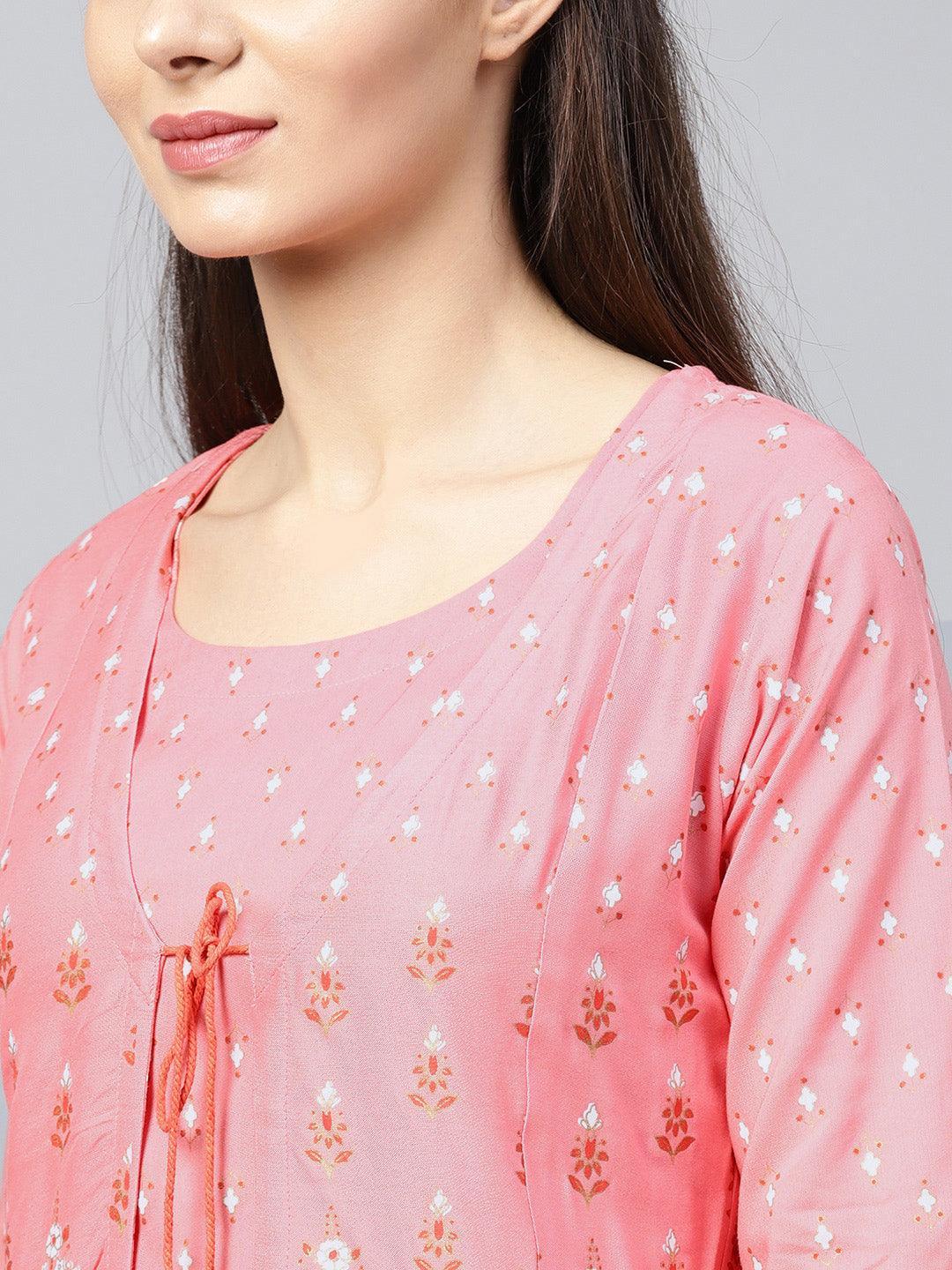 Pink Printed Cotton Kurta Set With Jacket - ShopLibas 