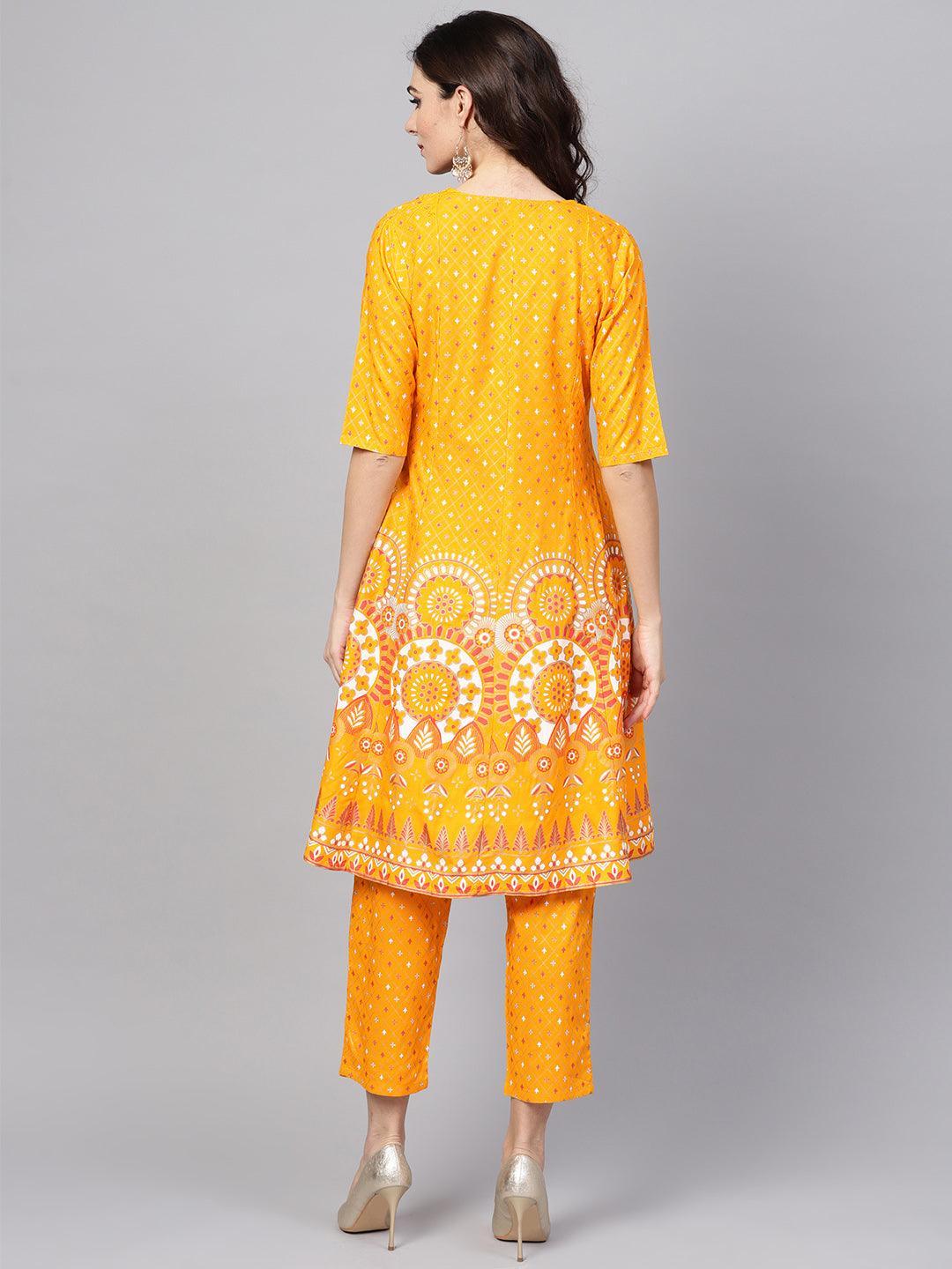 Yellow Printed Cotton Kurta Set With Jacket - ShopLibas 