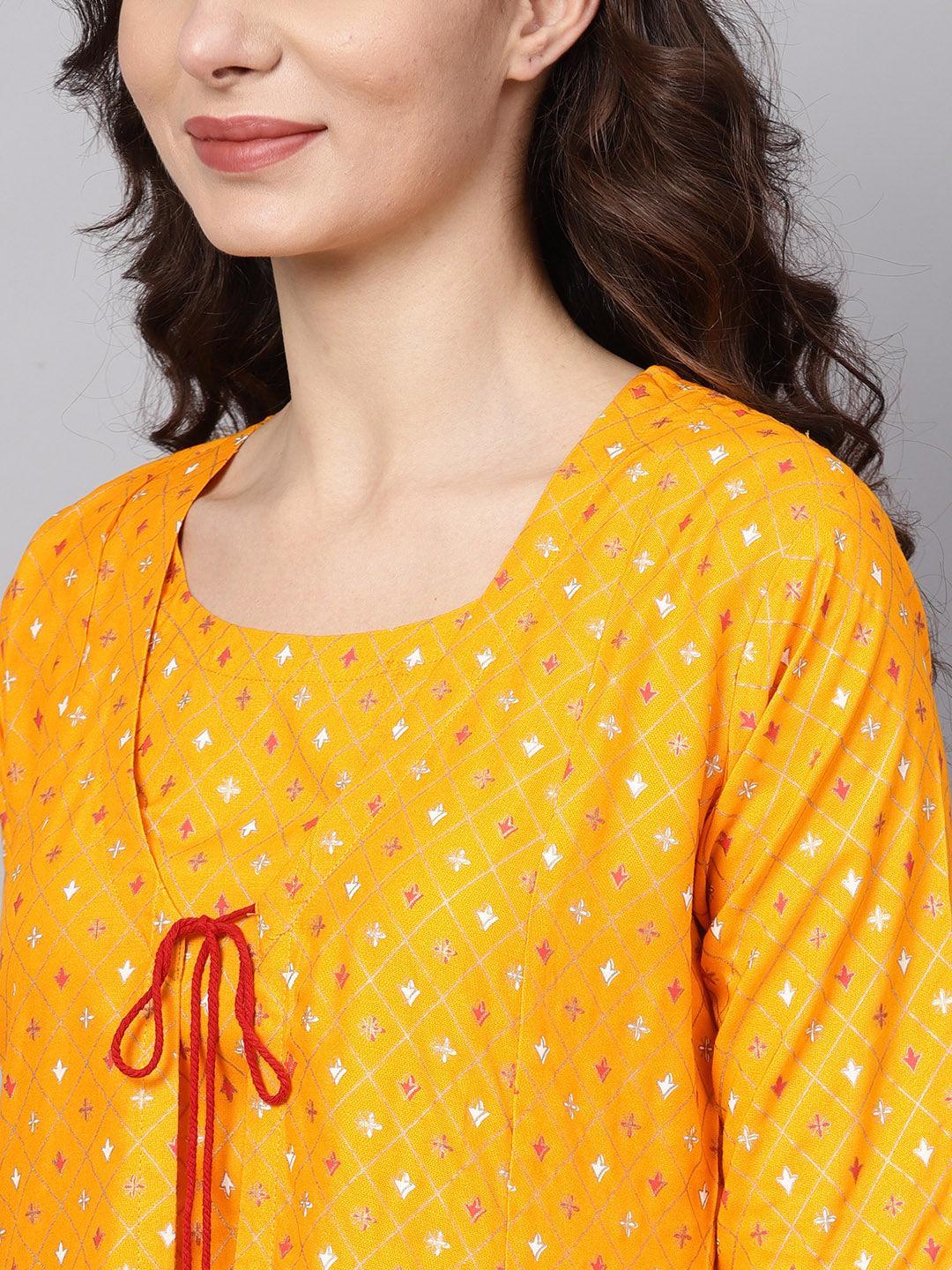 Yellow Printed Cotton Kurta Set With Jacket - ShopLibas 