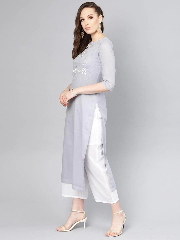 Grey Embroidered Cotton Suit Set