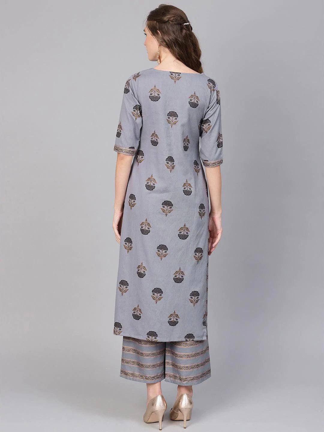 Grey Printed Cotton Kurta Set - ShopLibas 