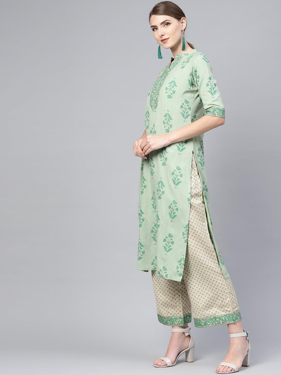 Green Printed Cotton Kurta Set - ShopLibas 