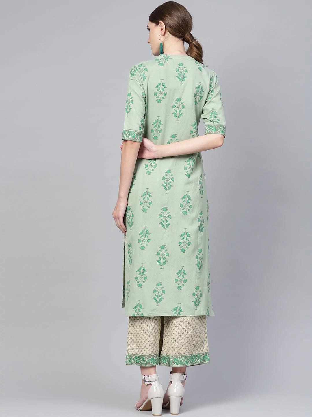 Green Printed Cotton Kurta Set - ShopLibas 