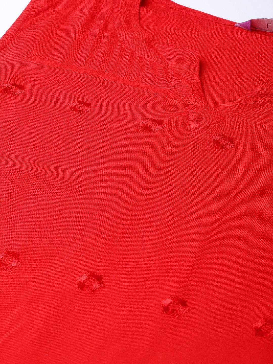 Red Embroidered Rayon Kurta Set - ShopLibas 