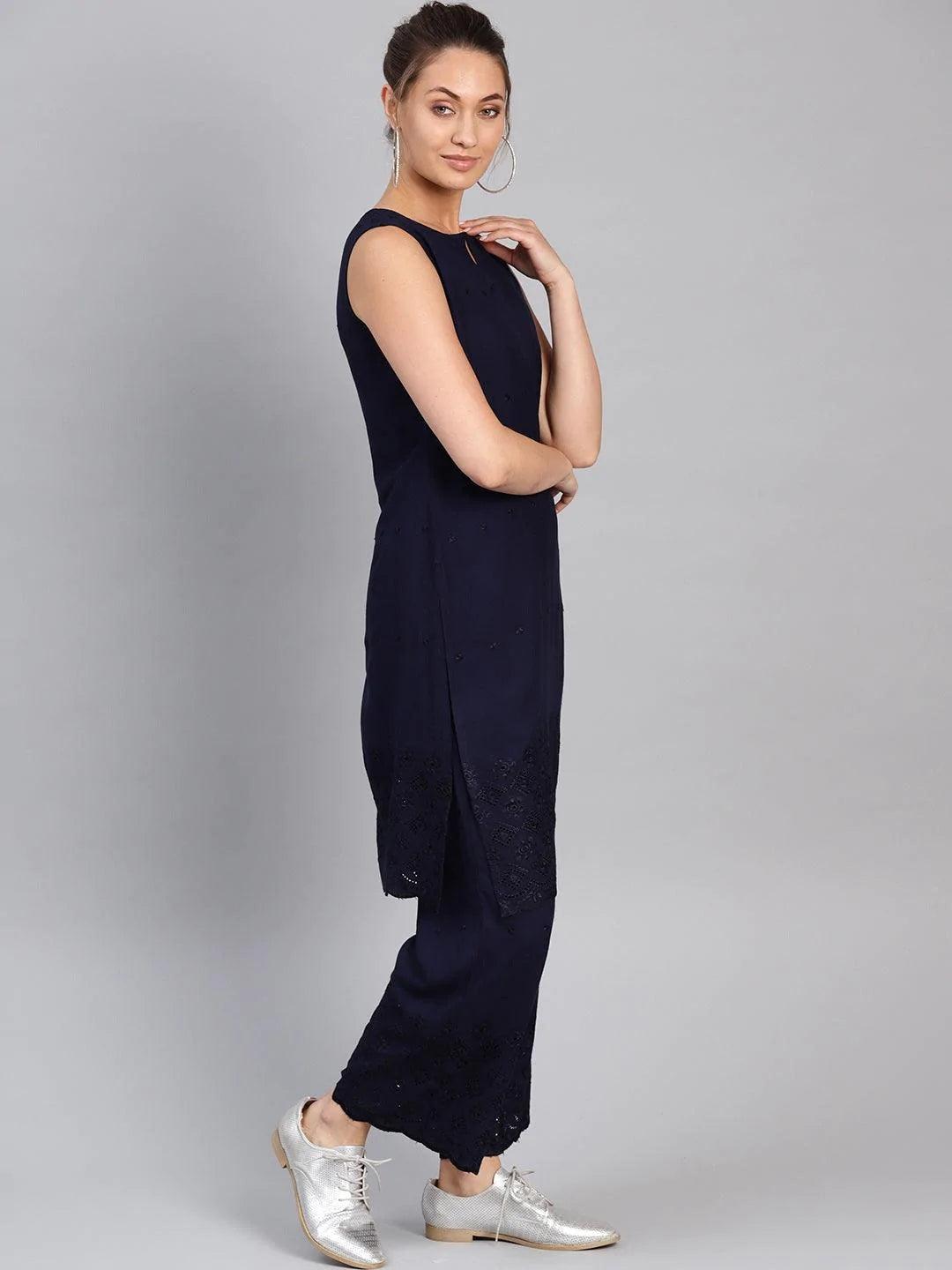 Navy Blue Embroidered Rayon Kurta Set - ShopLibas 